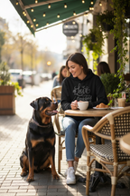 Woman sitting at an outdoor cafe with a dog by her side