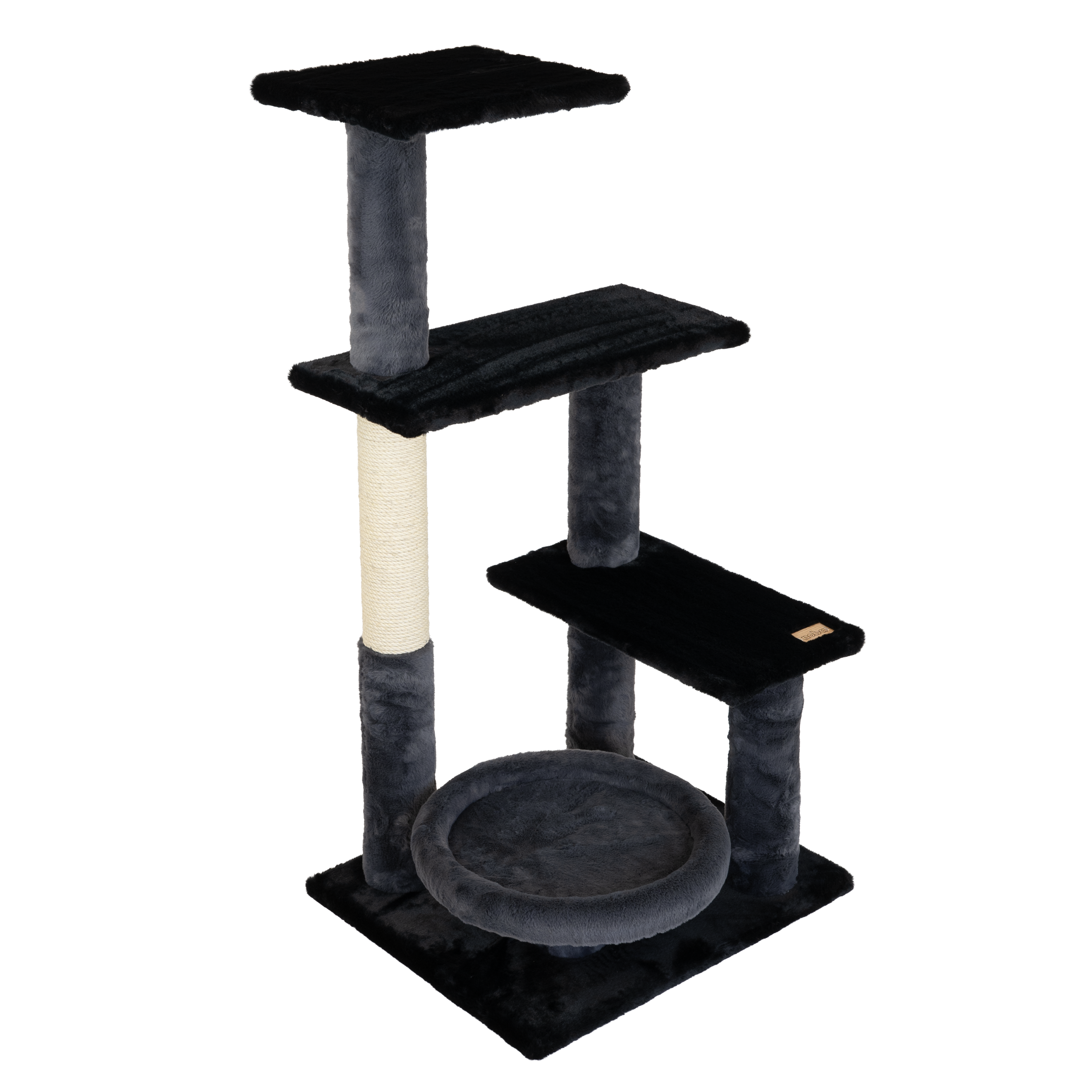 Cat tree with multiple platforms and a scratching post on a white background