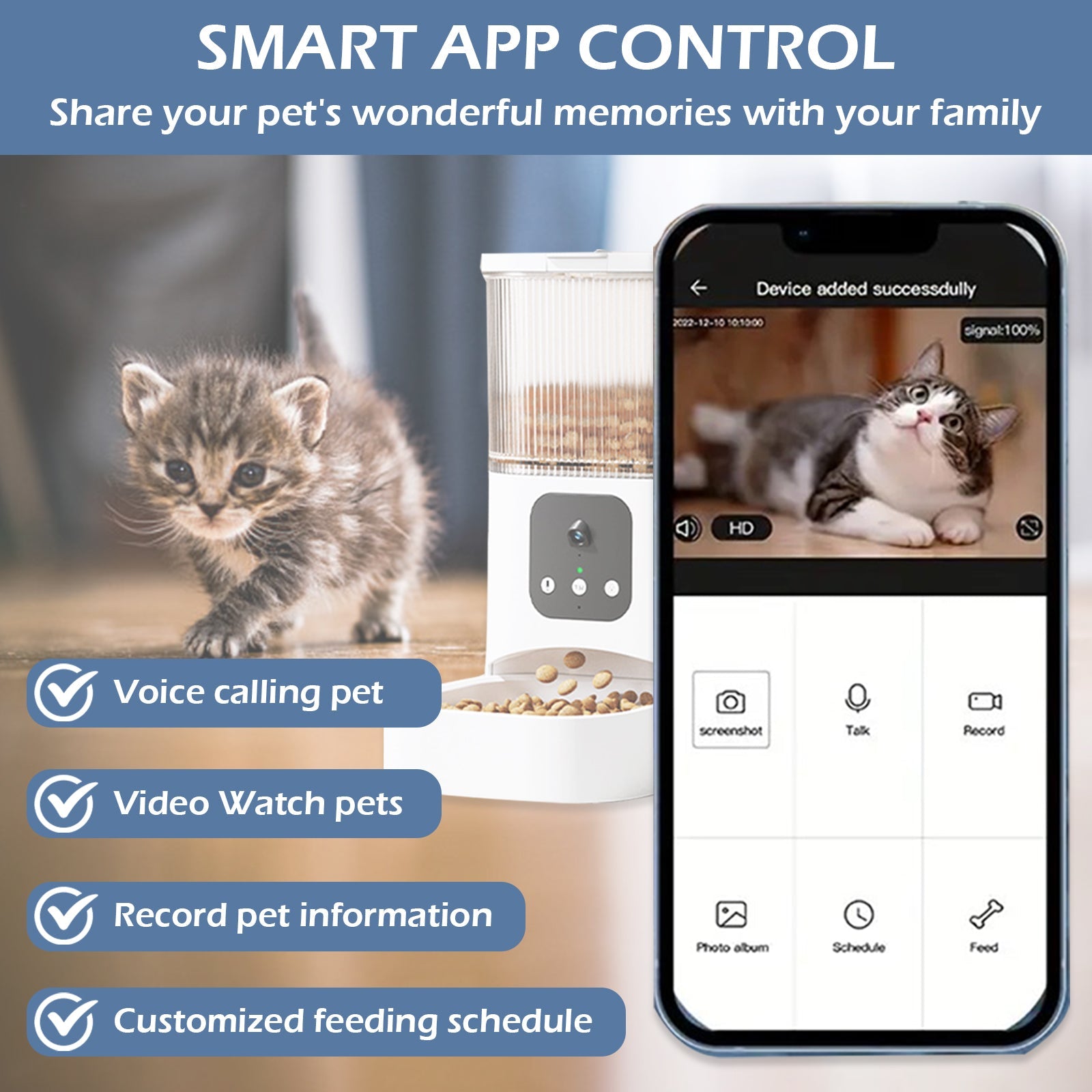 Smart pet food dispenser with smartphone app showing a cat and its features.