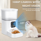 Pet feeder with 1080P camera and night vision feature, accompanied by a cat.