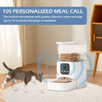 Pet feeder with a cat approaching, featuring a 10-second personalized meal call feature.