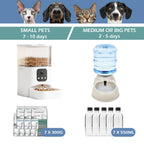 Pet care products including a food dispenser, water bottle, and pet food packages on a white background.