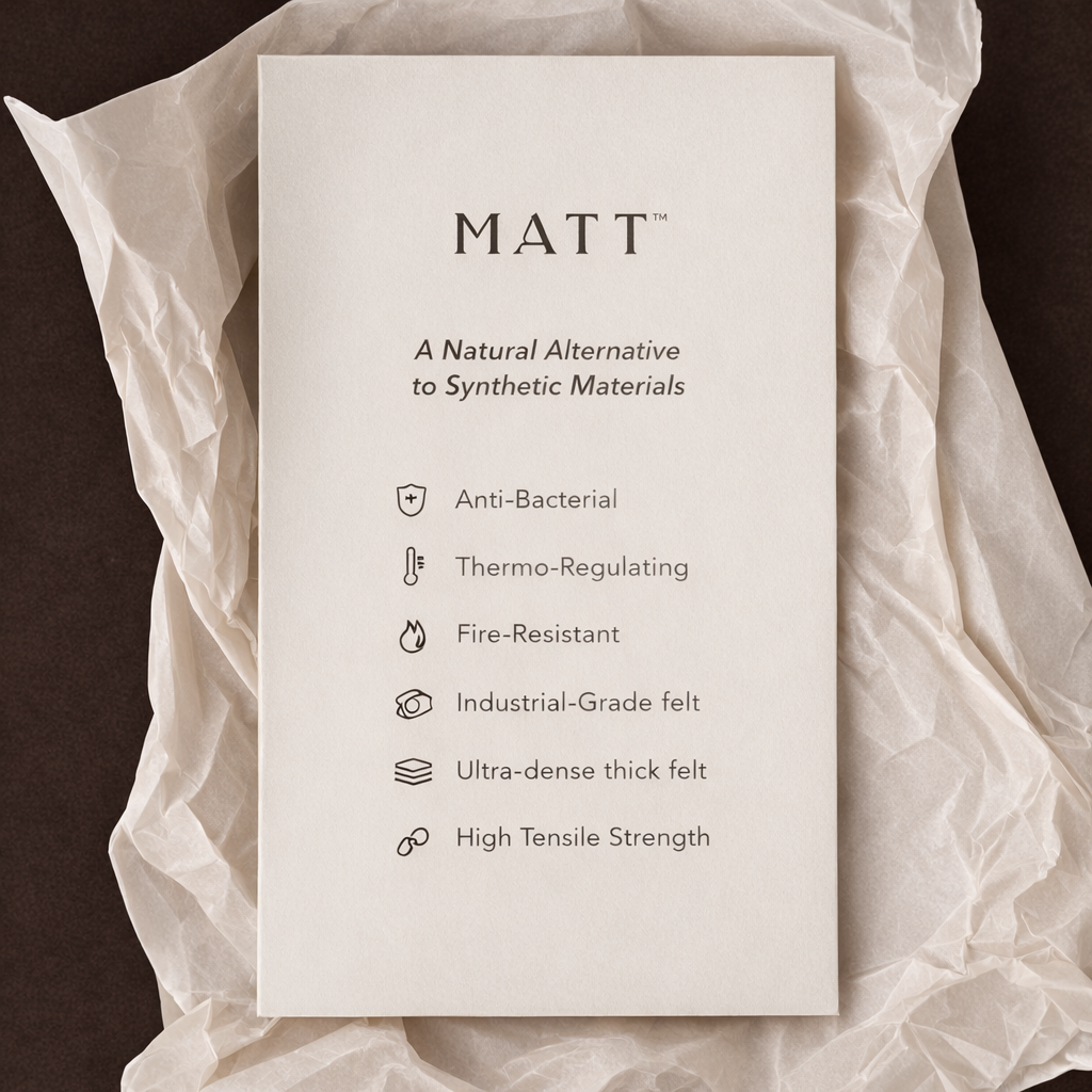 Sheet of paper with 'MATT' branding and features on a textured fabric background