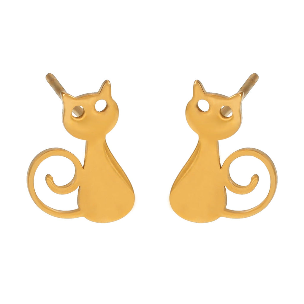 Gold cat-shaped earrings on a white background