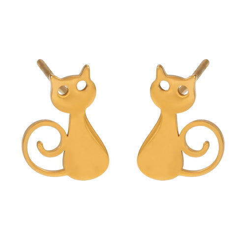 Gold cat-shaped earrings on a white background