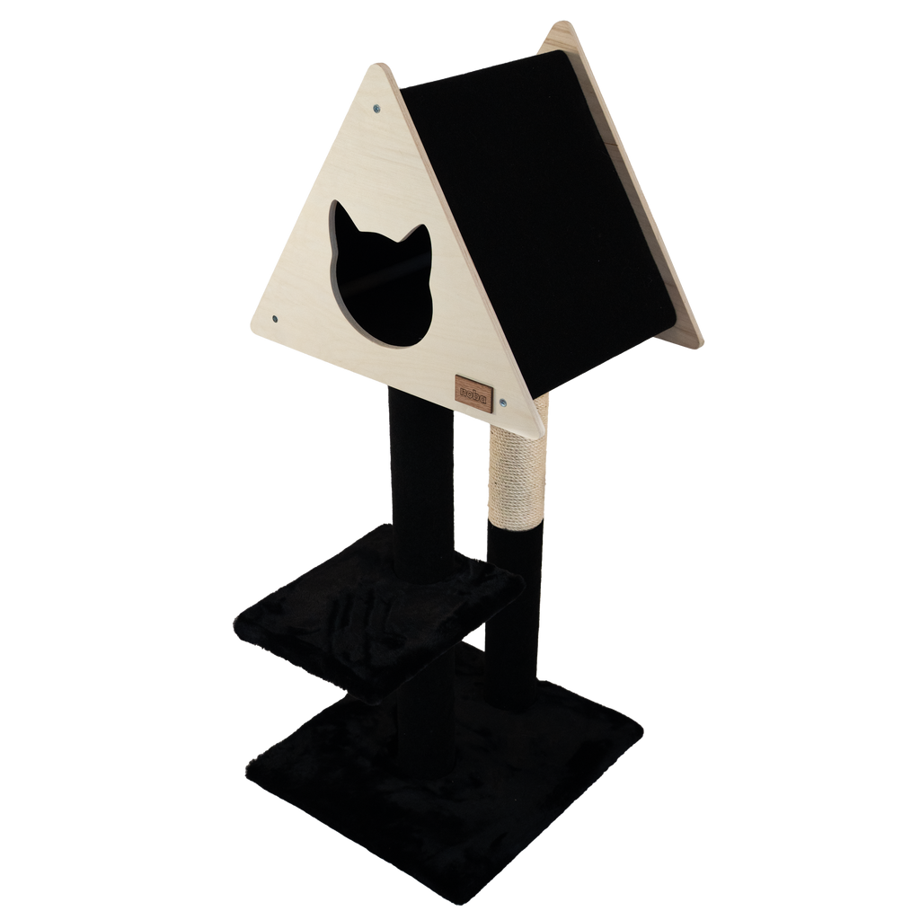 Black and beige cat tree with a platform and scratching post on a white background