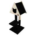 Black and beige cat tree with a platform and scratching post on a white background