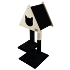 Black and beige cat tree with a platform and scratching post on a white background