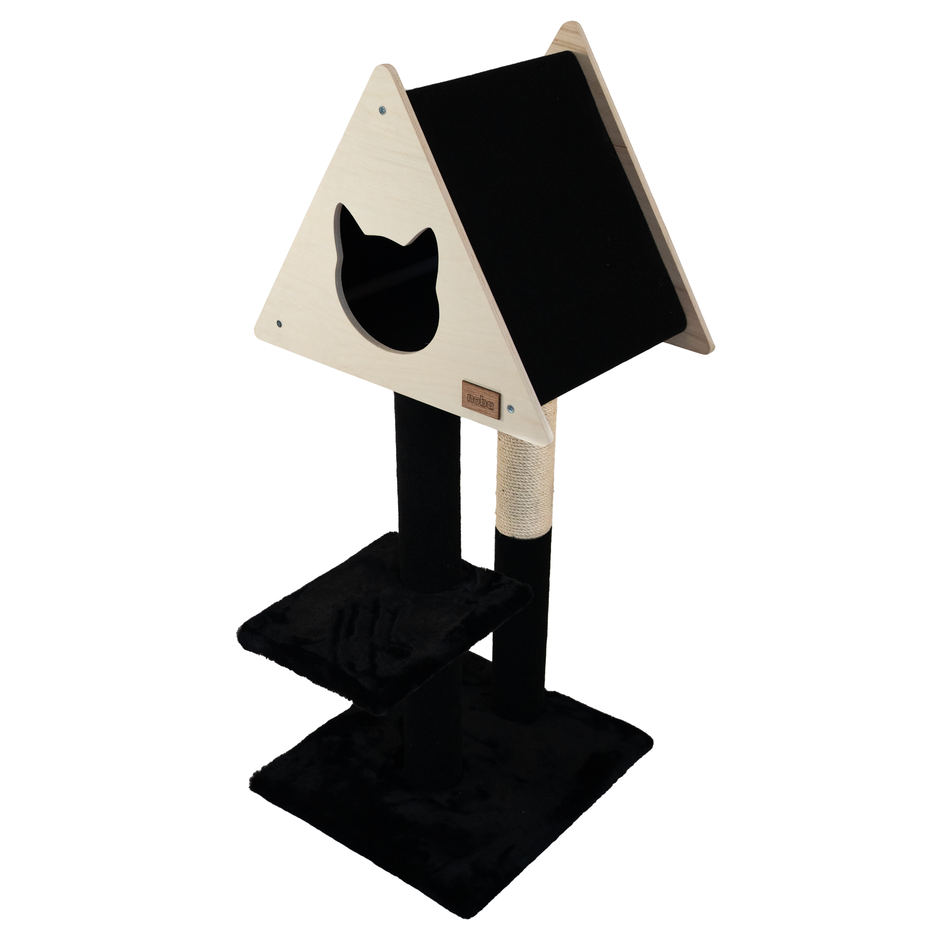 Black and beige cat tree with a platform and scratching post on a white background