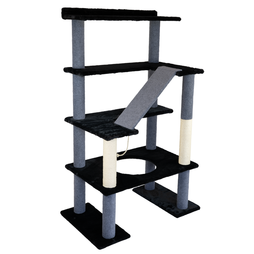Cat tree with multiple levels and a scratching post on a white background
