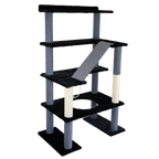 Cat tree with multiple levels and a scratching post on a white background