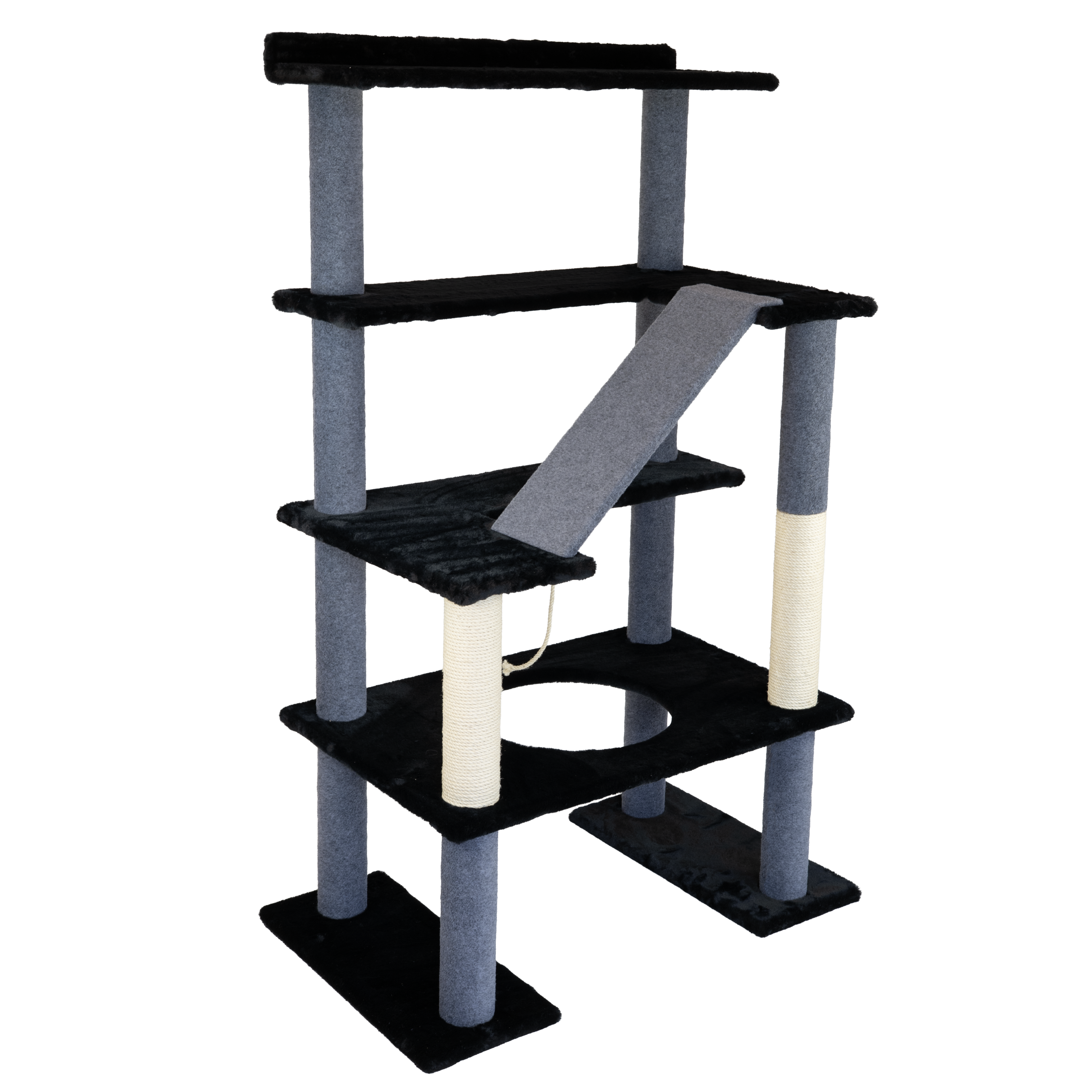 Cat tree with multiple levels and a scratching post on a white background