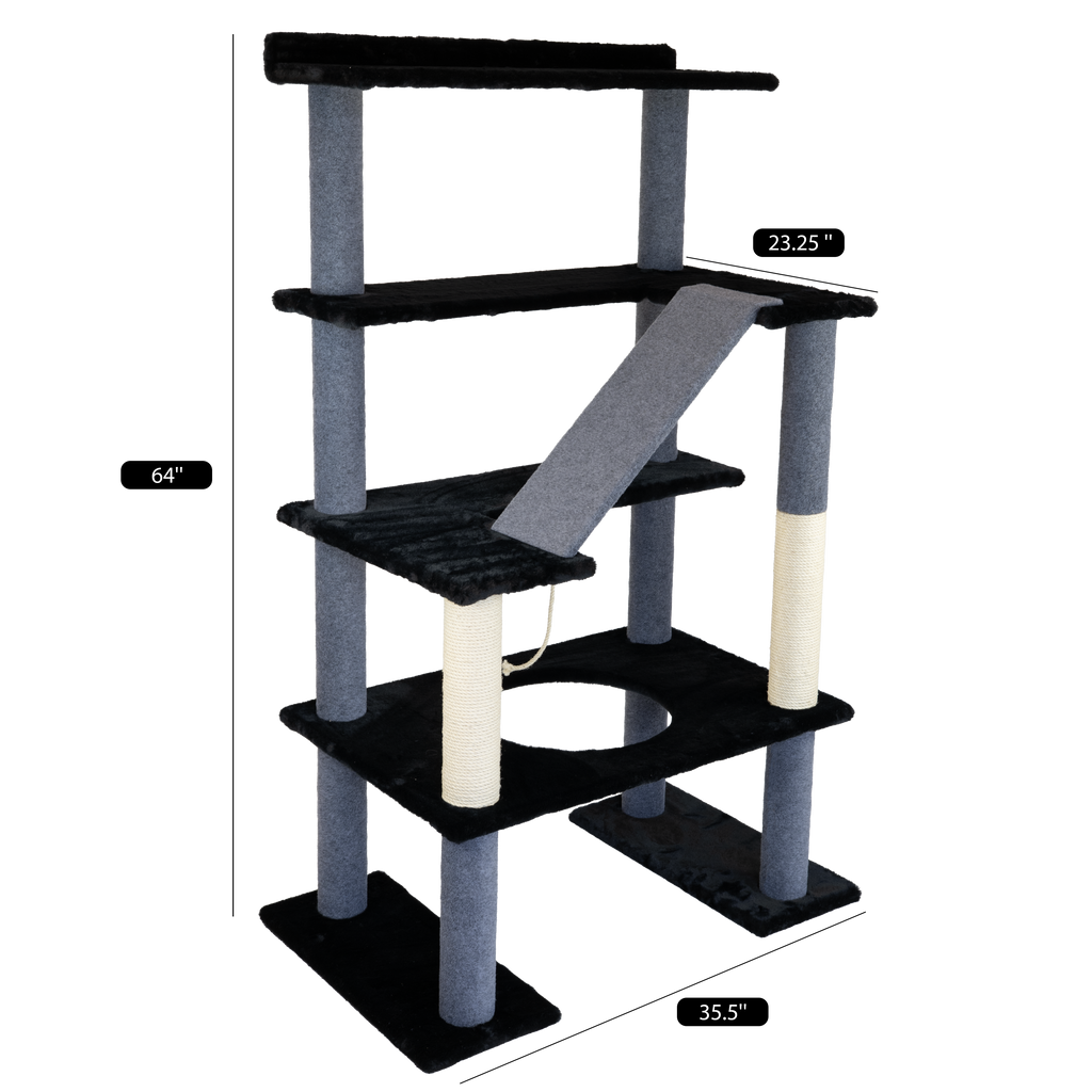 Cat tree with multiple levels and dimensions labeled on a white background