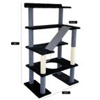 Cat tree with multiple levels and dimensions labeled on a white background