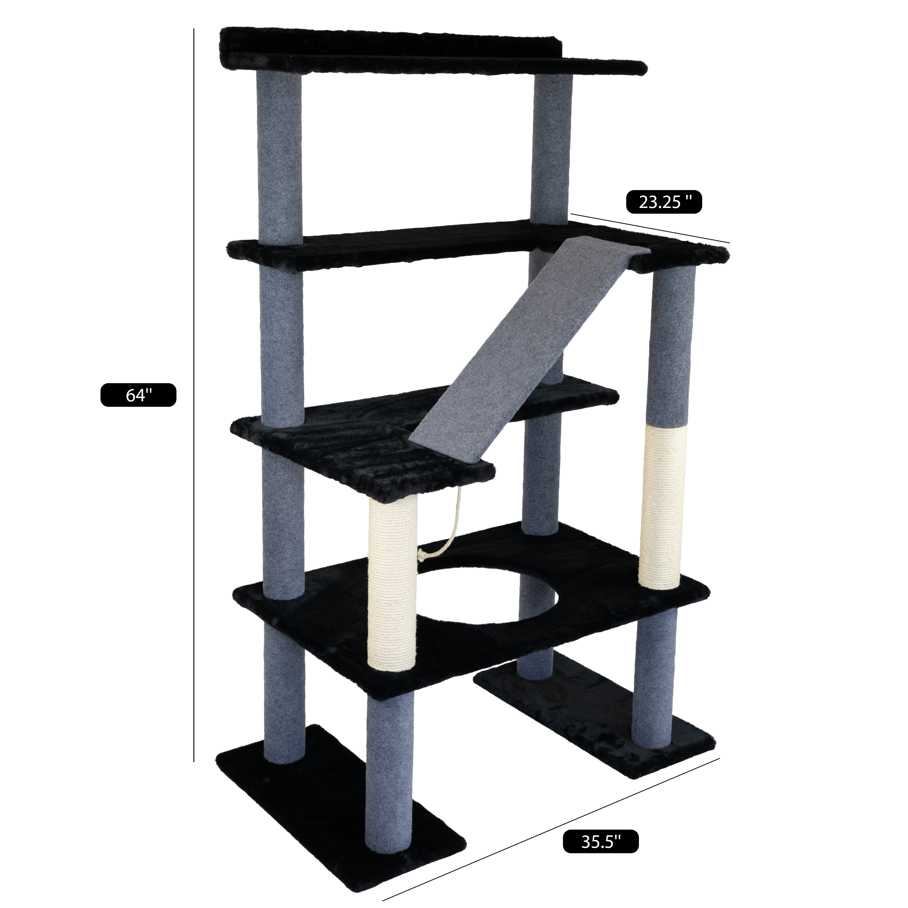 Cat tree with multiple levels and dimensions labeled on a white background