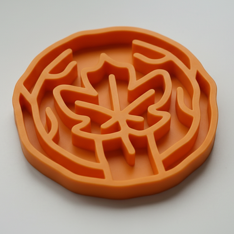 An orange slow feeding bowl with maple leaf design, shown on a clean white background.