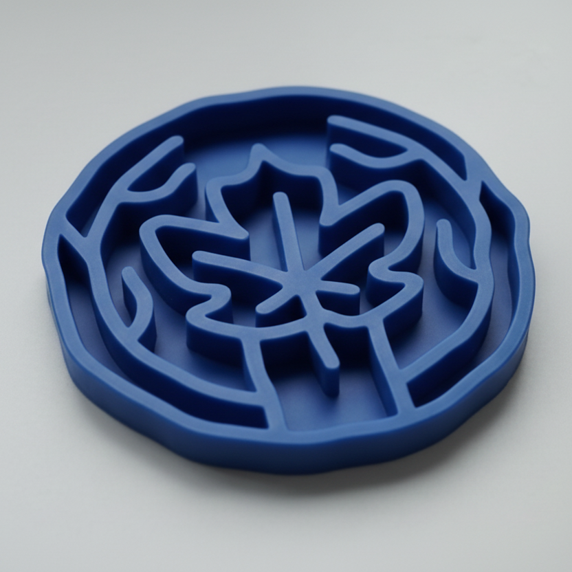 A blue slow feeding bowl with maple leaf design, shown on a clean white background.