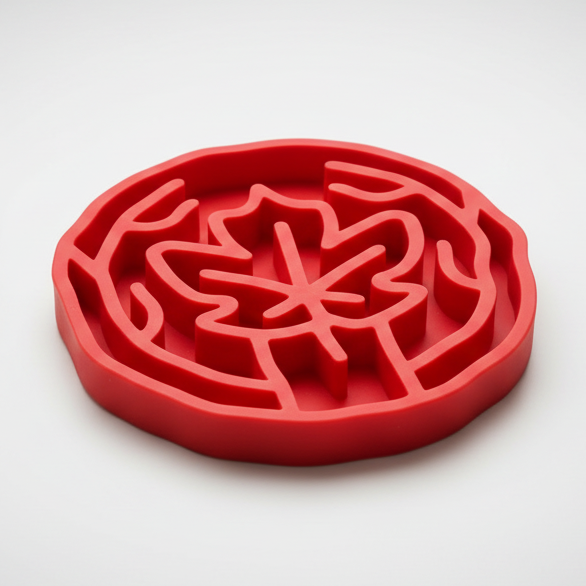 A red slow feeding bowl with maple leaf design, shown on a clean white background.