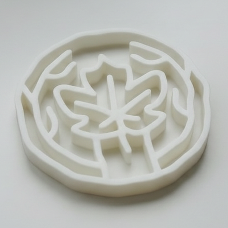 A white slow feeding bowl with maple leaf design, shown on a clean white background.