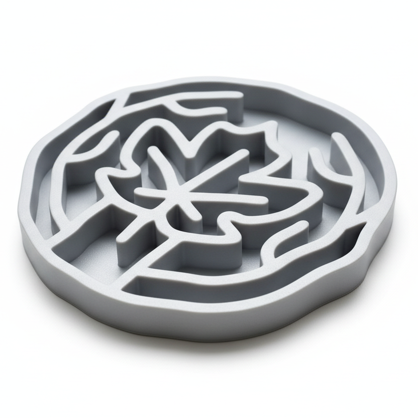 A light gray slow feeding bowl with maple leaf design, shown on a clean white background.