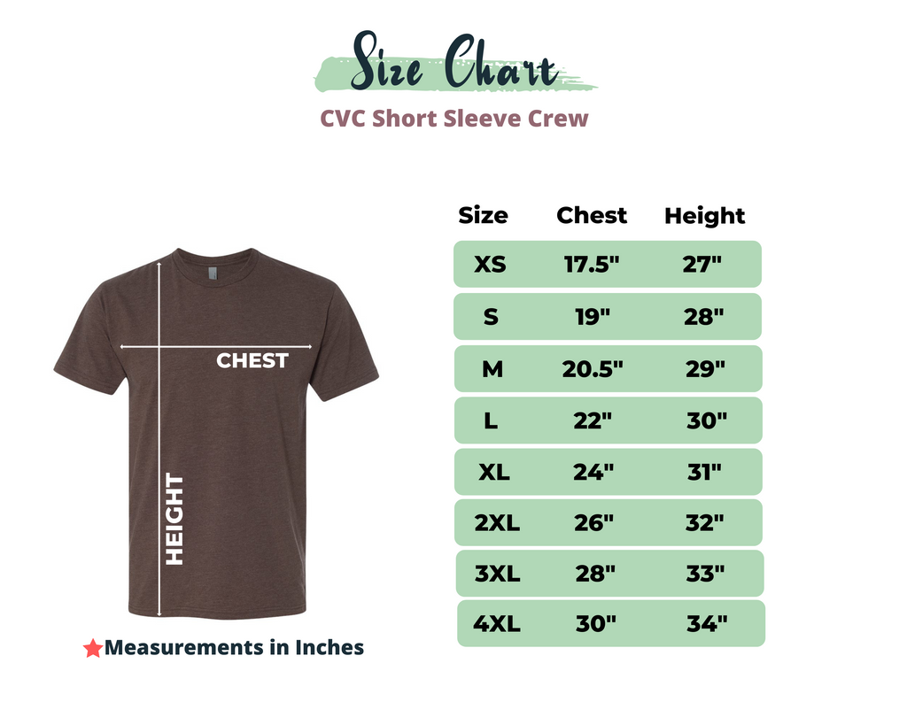 Size chart for CVC Short Sleeve Crew shirts with a brown t-shirt illustration.