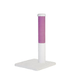 White cat scratch post with purple cylindrical top on a white background