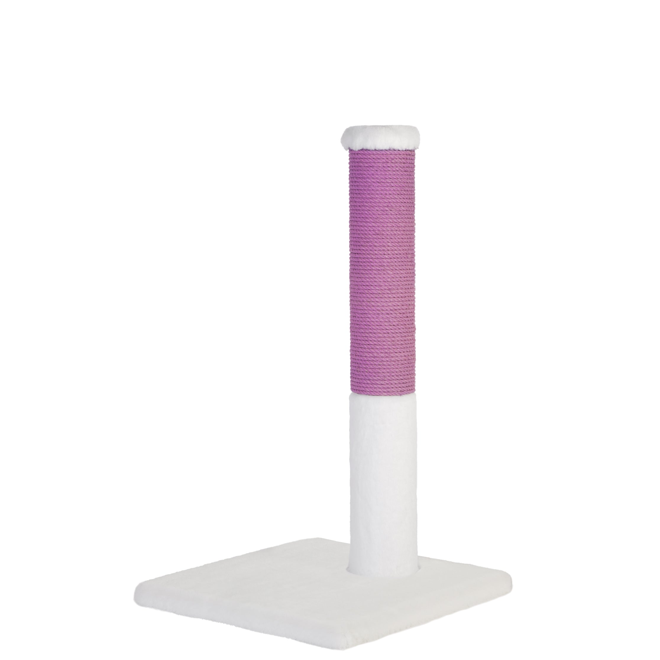 White cat scratch post with purple cylindrical top on a white background