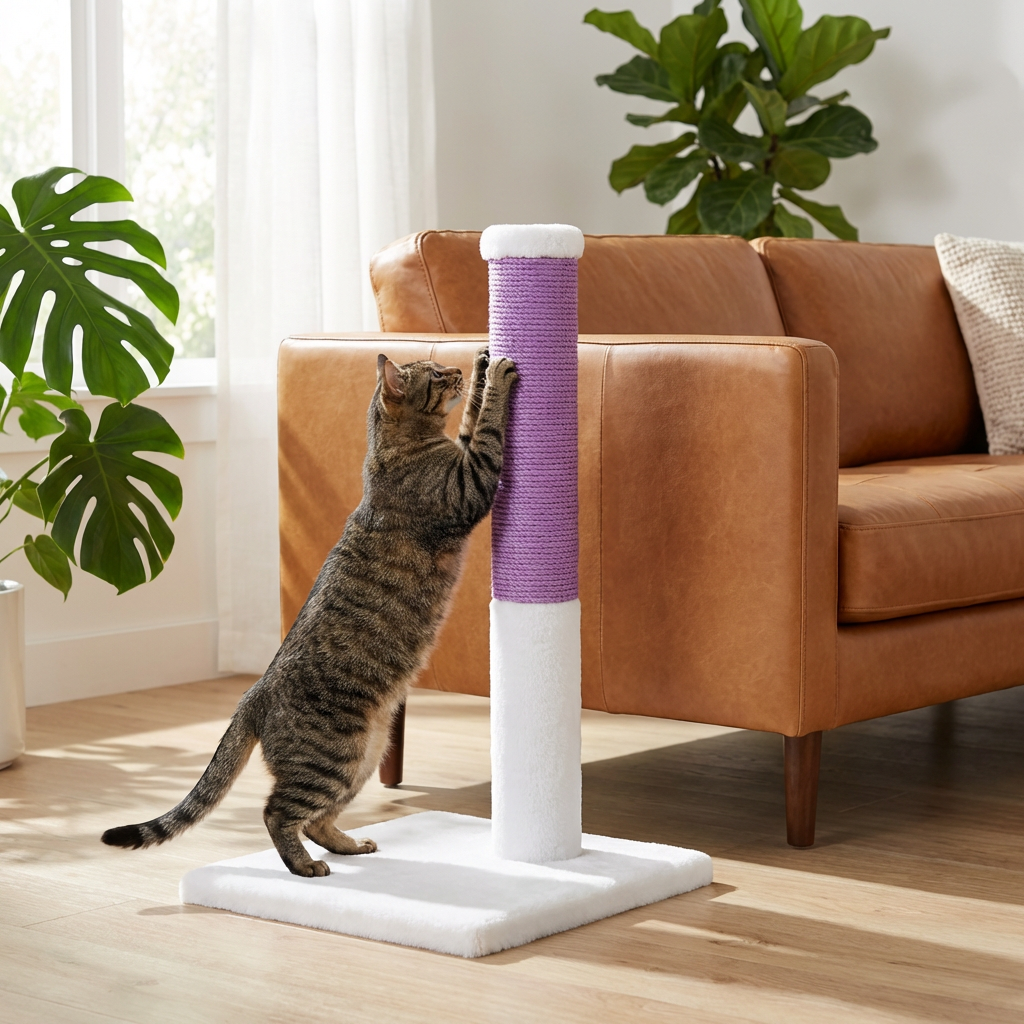 Cat playing with a striped scratching post in a living room.