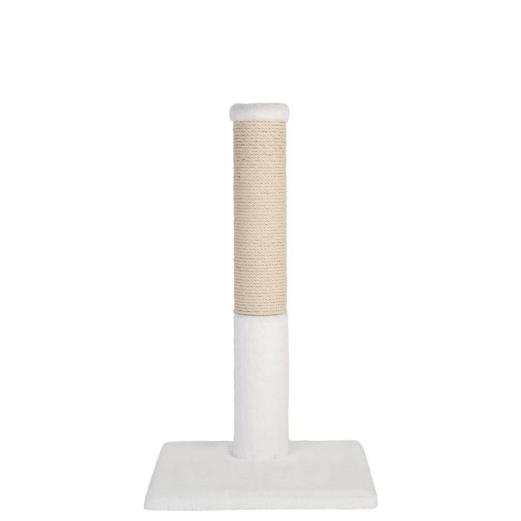Cat scratching post with beige fique wrap on a white background