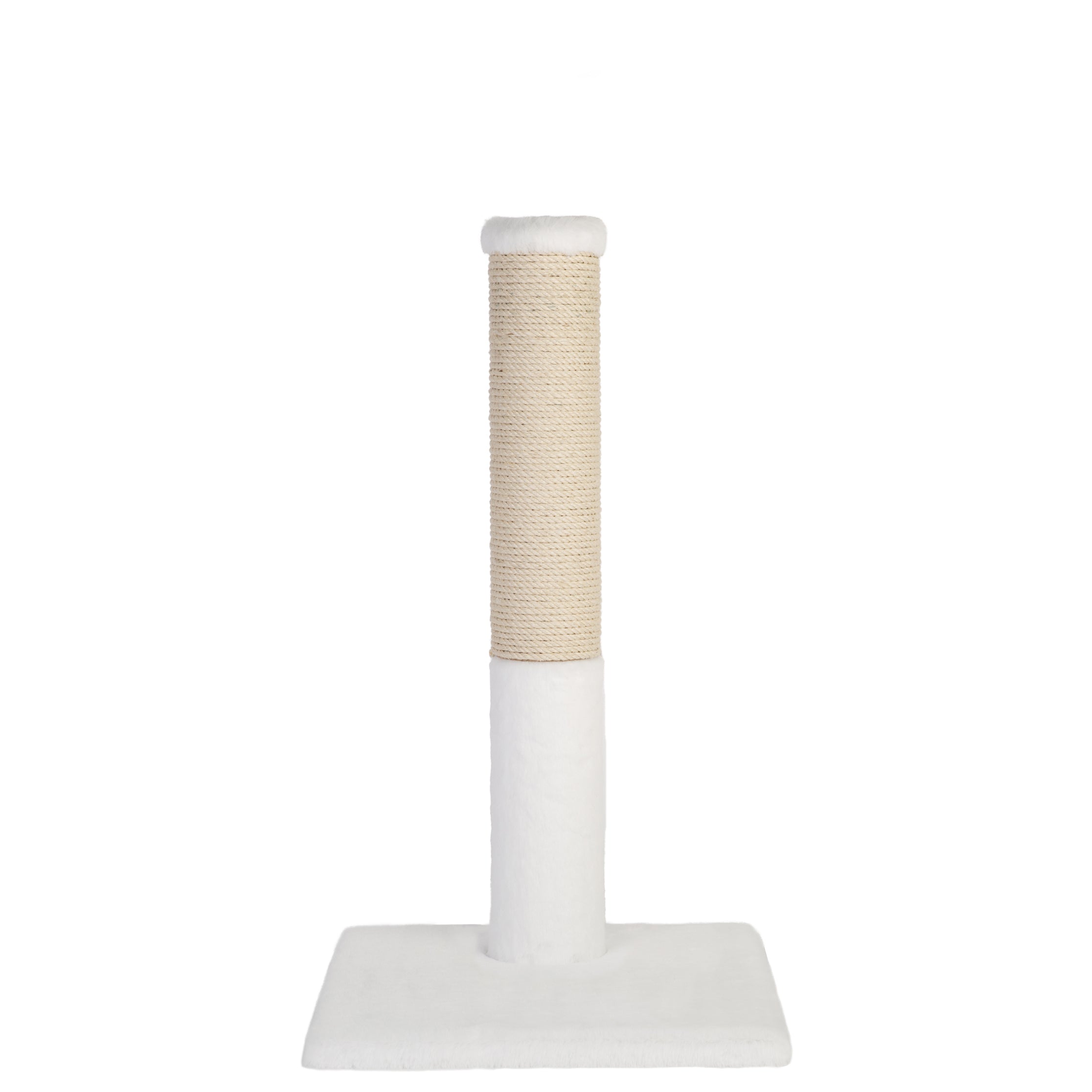 Cat scratching post with beige fique wrap on a white background
