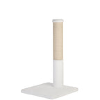 White cat tree with a cylindrical fique post on a white background