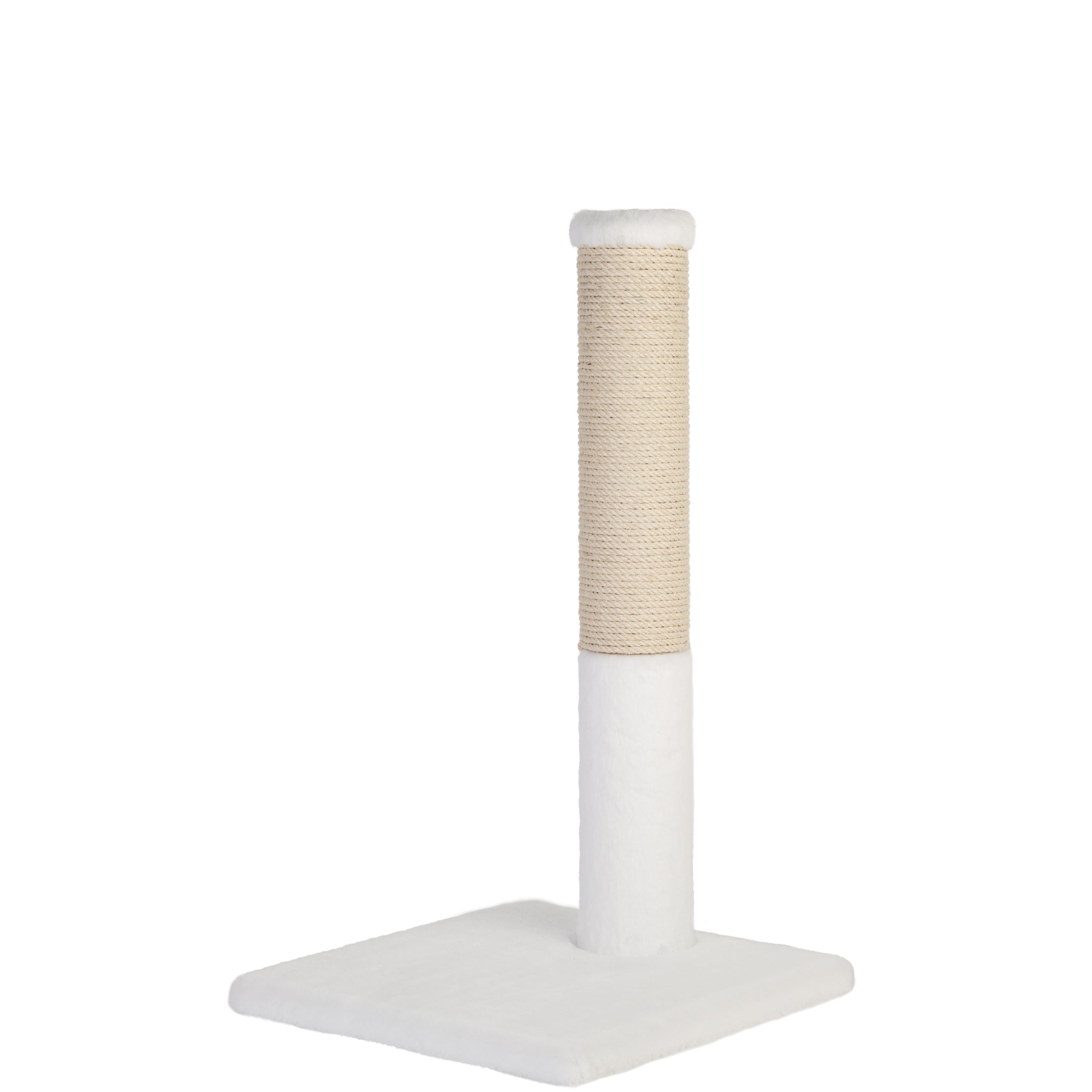 White cat tree with a cylindrical fique post on a white background