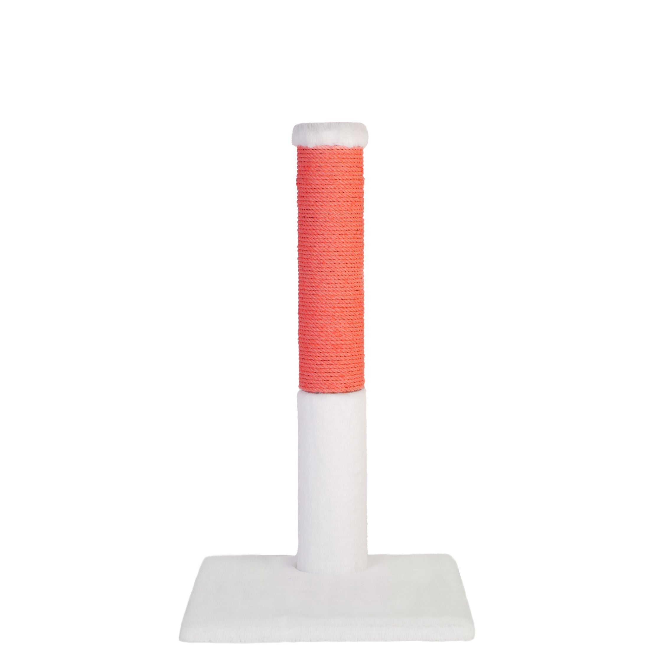 White and coral-colored cat scratching post on a white background