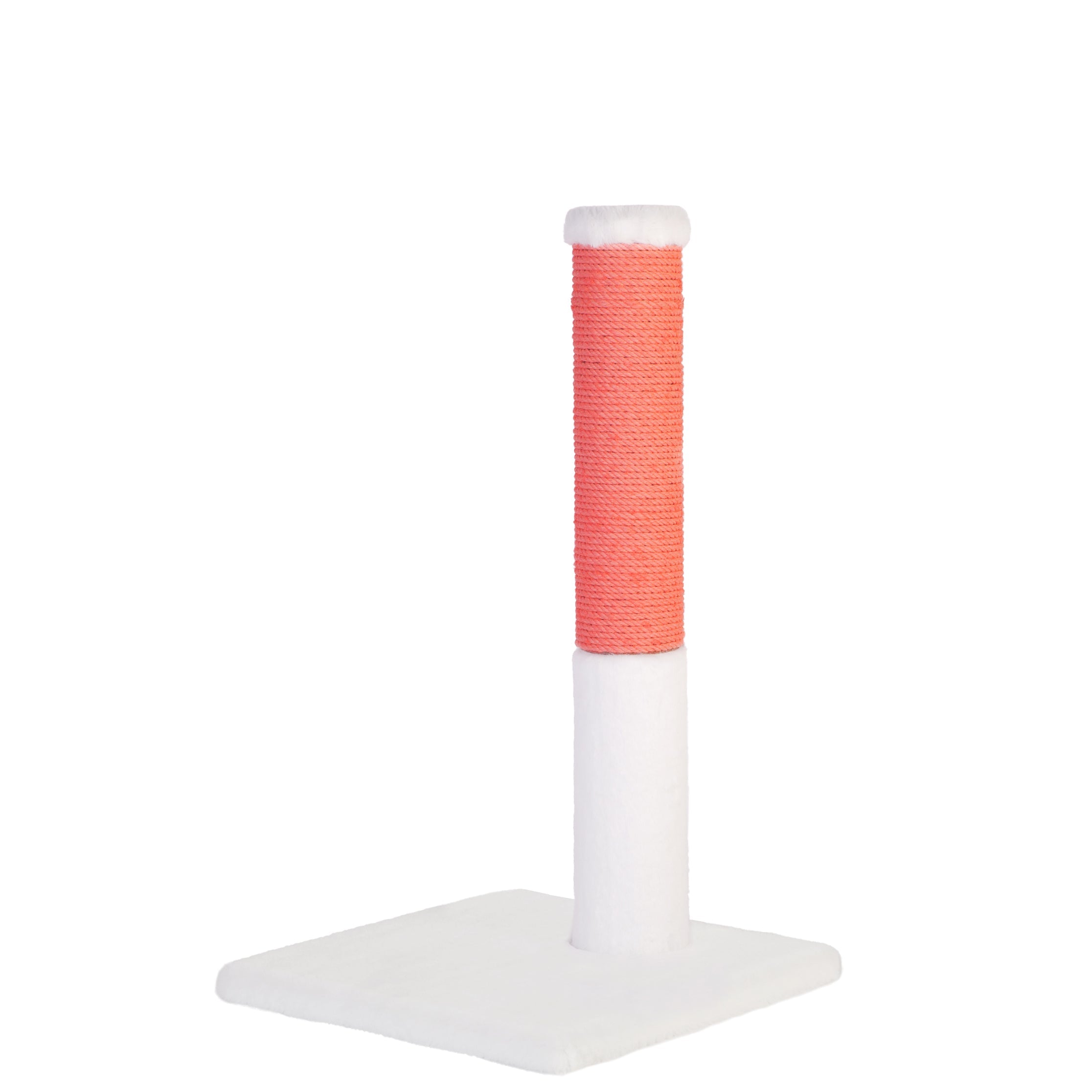 White cat tree with a coral-colored scratching post on a white background