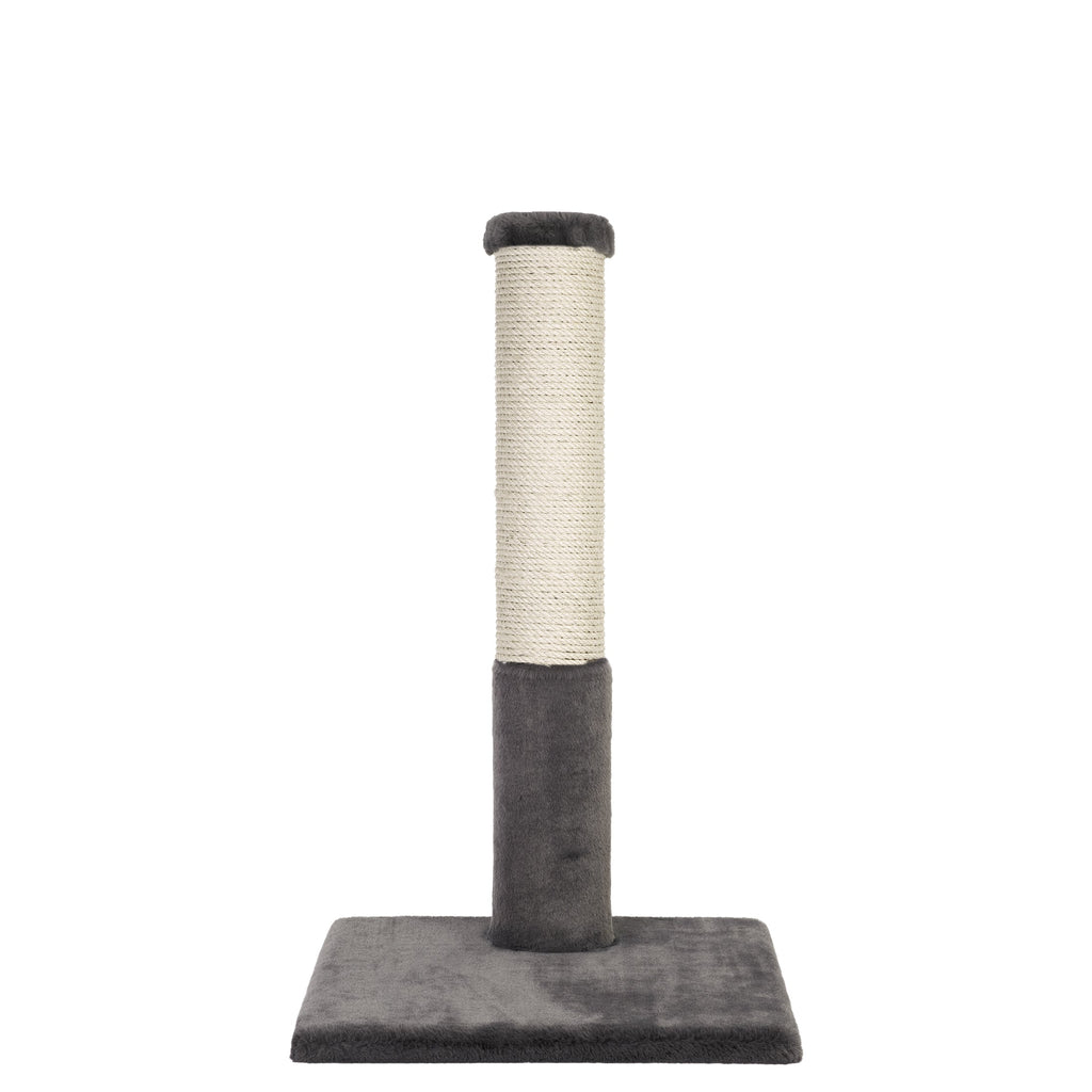 Cat scratching post with a cylindrical sisal-covered post and a gray base on a white background