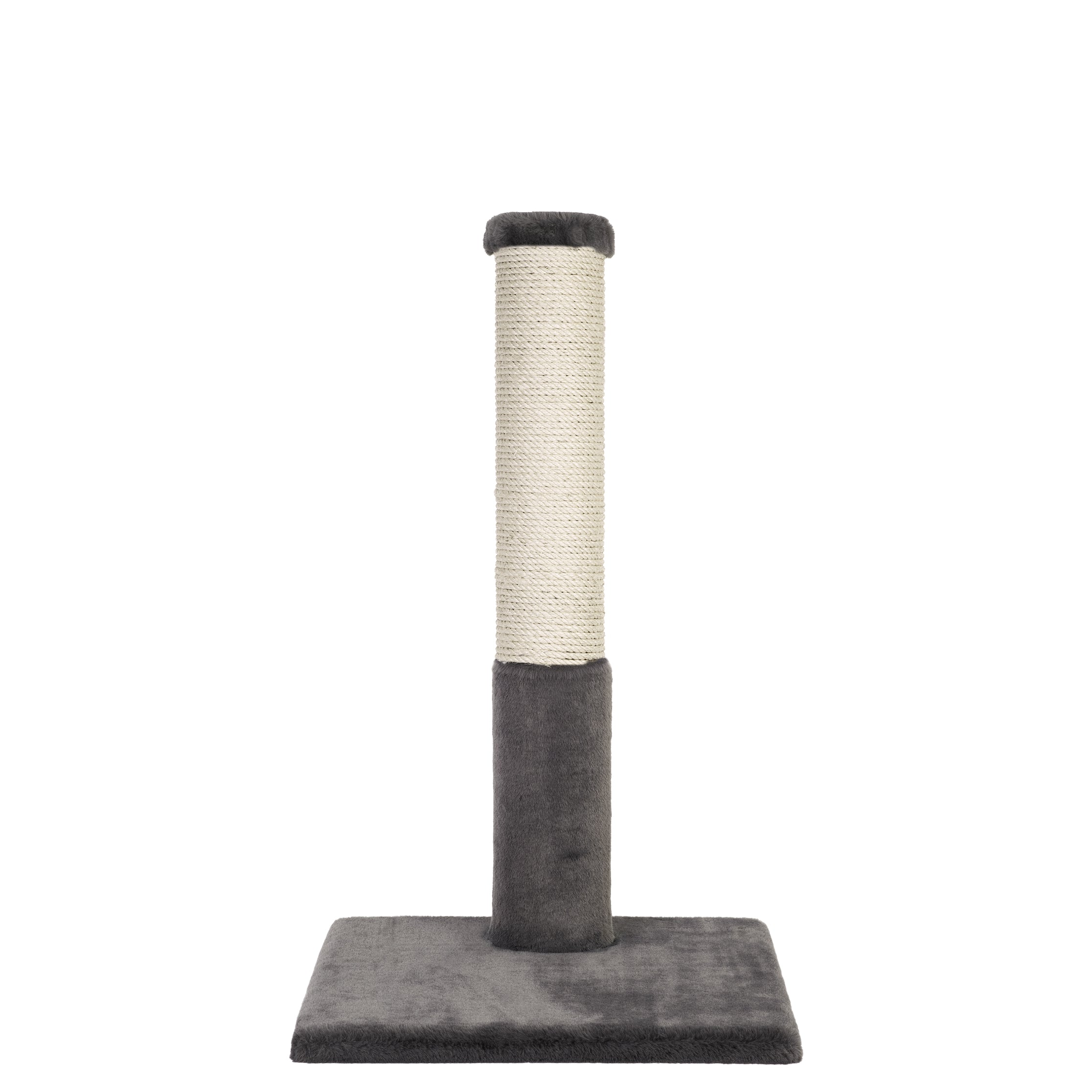 Cat scratching post with a cylindrical sisal-covered post and a gray base on a white background