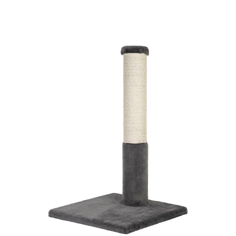 Cat scratching post with gray base and beige cylindrical top on a white background
