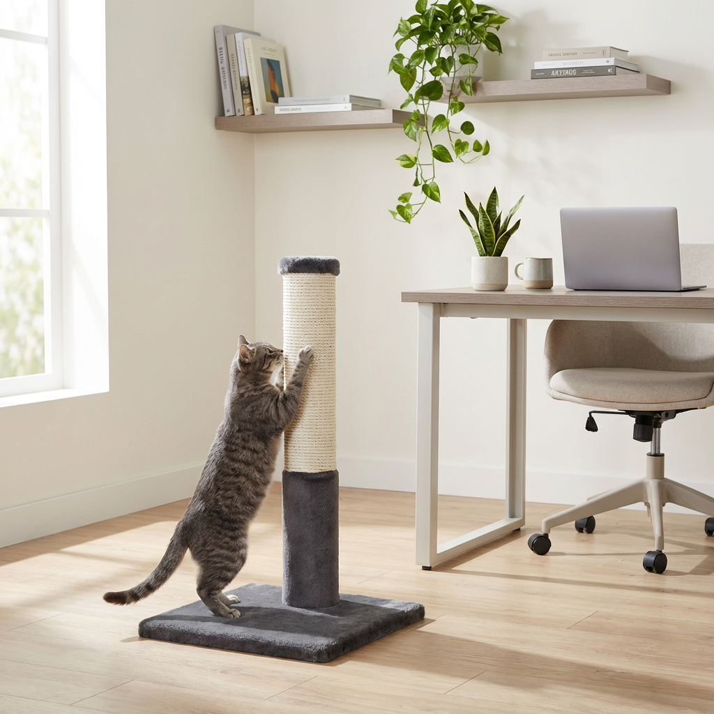 Cat climbing a scratching post in a home office setting with a desk and chair.