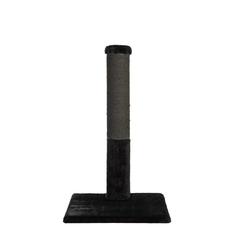Black cat scratching post on a white background
