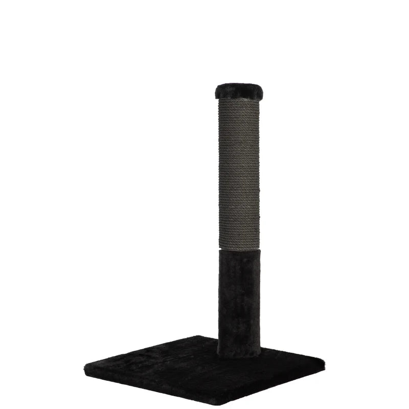 Black cat scratching post with sisal-wrapped cylindrical top on a white background
