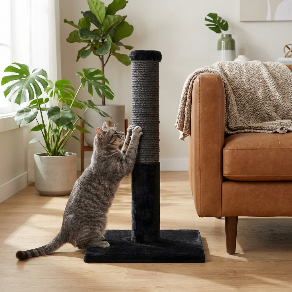 Cat climbing a black cat tree in a living room with plants and a couch.