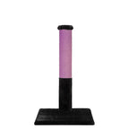 Cat scratching post with purple cylindrical top and black base on a white background