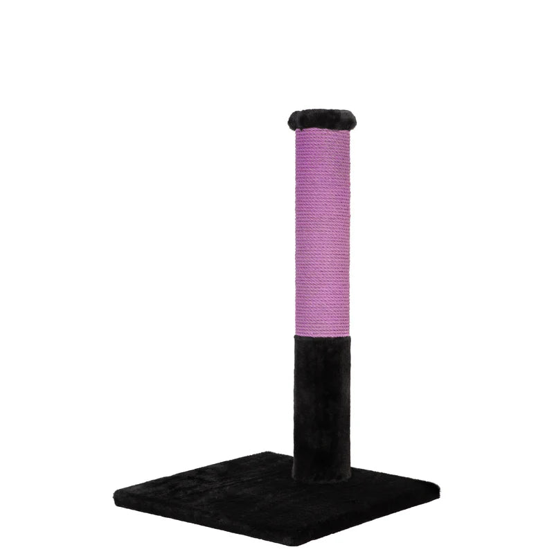 Cat scratching post with purple and black design on a white background