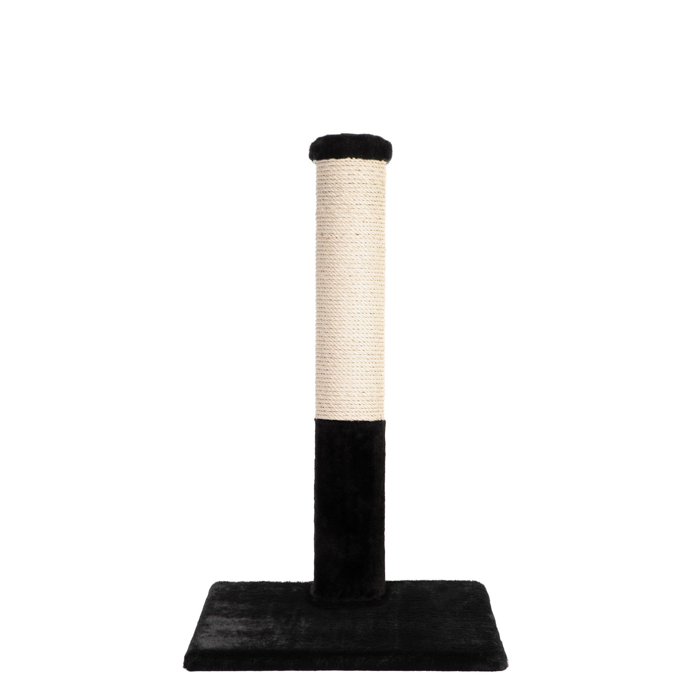 Cat scratching post with black bottom and beige top on a white background