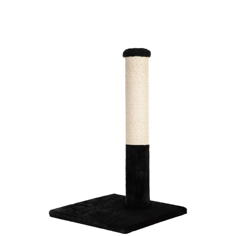 Cat scratching post with black base and white cylindrical top on a white background