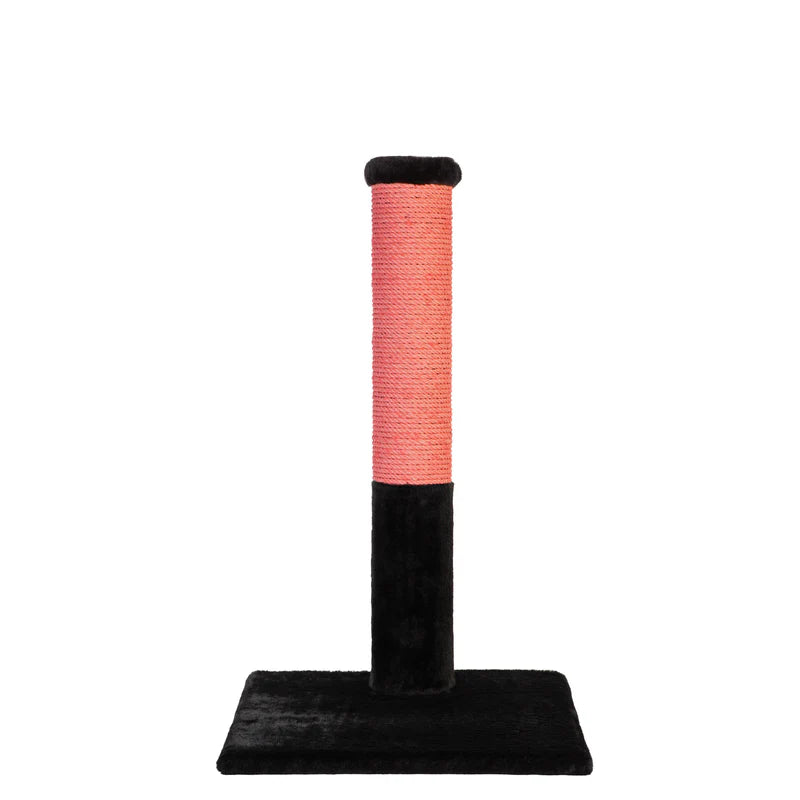 Cat scratching post with pink and black design on a white background