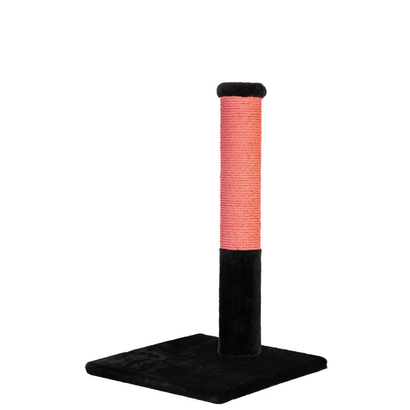 Cat scratching post with pink top and black base on a white background