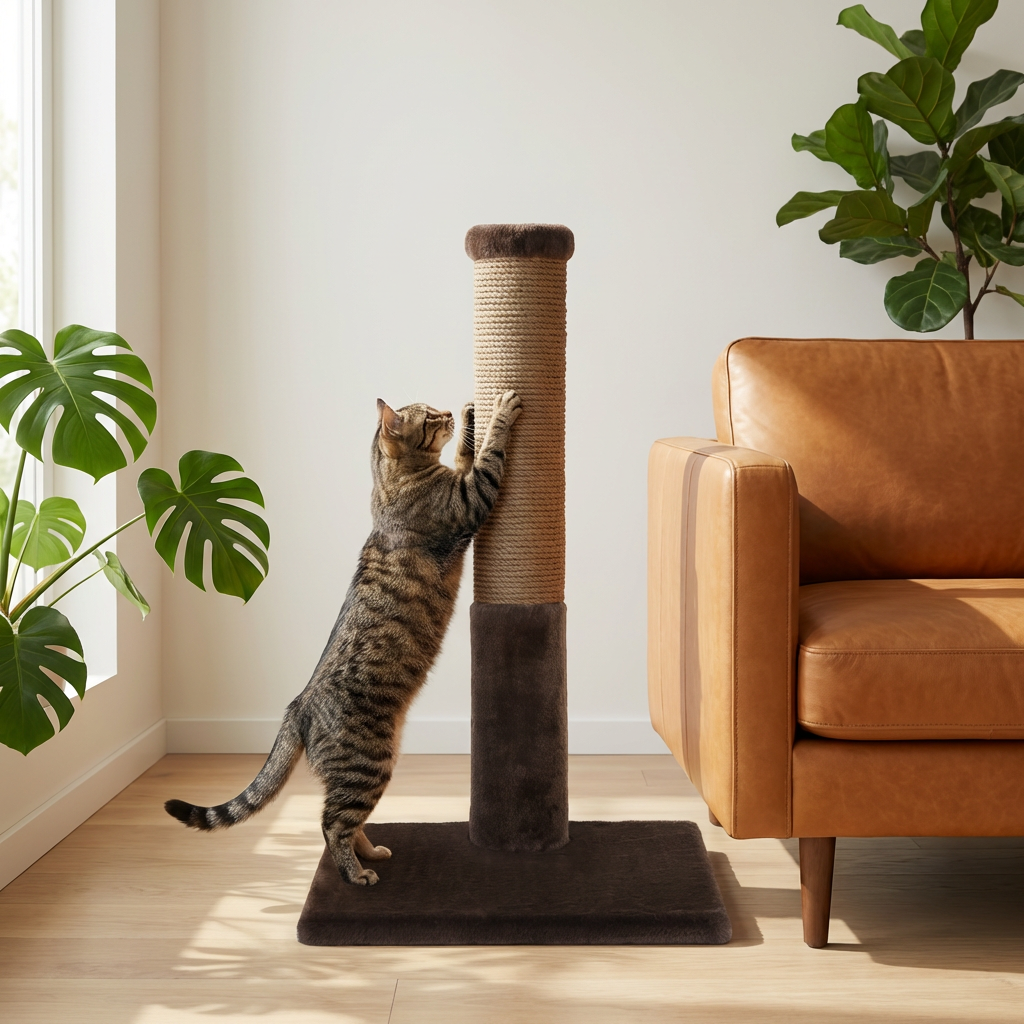 Cat climbing a scratching post in a living room with a brown armchair and plants.