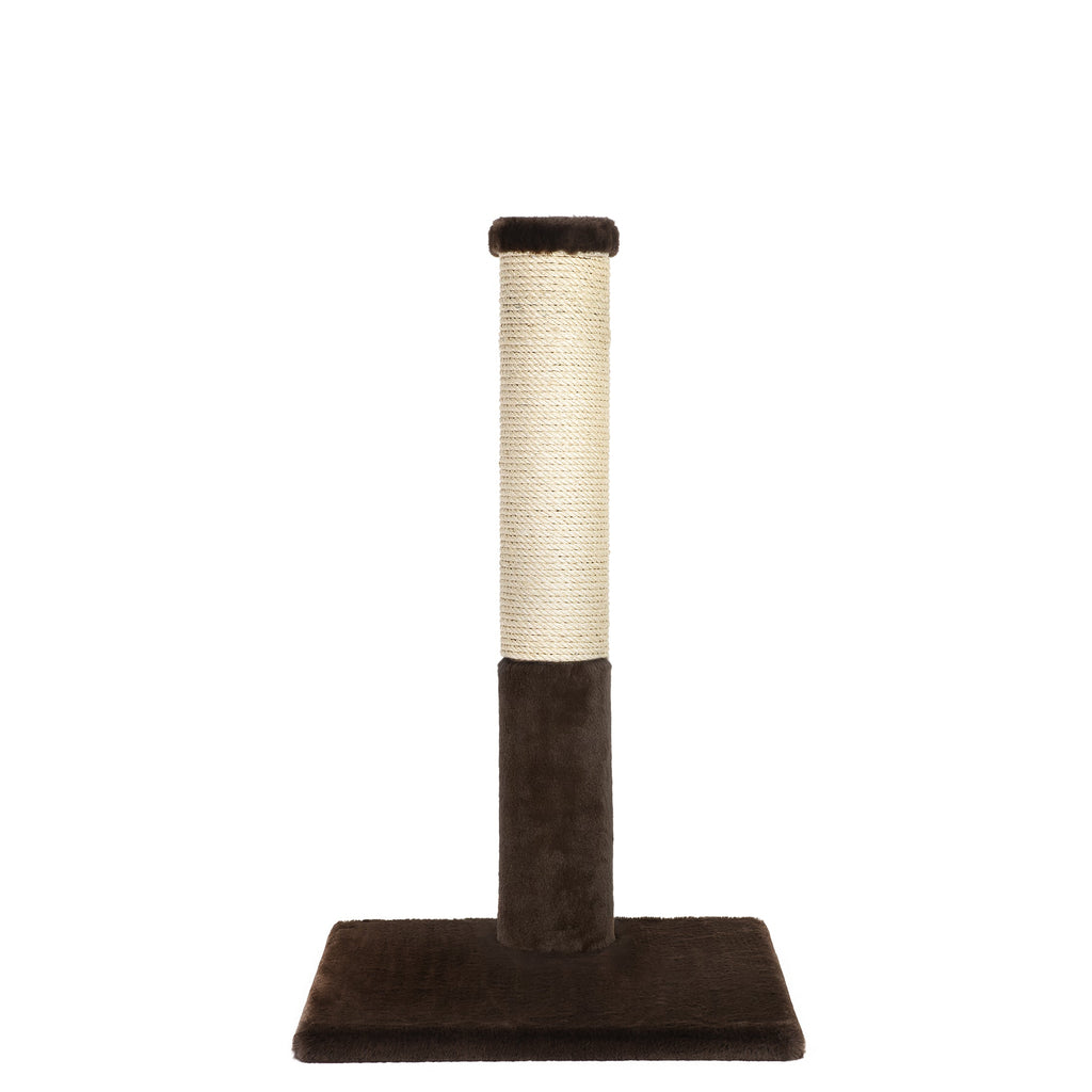 Cat scratching post with brown base and beige top on a white background