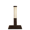Cat scratching post with brown base and beige top on a white background